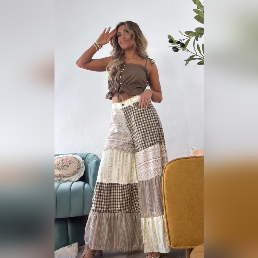 POL Brown & Cream Oakley Boho Patchwork Wide Leg Pants - Picture 2 of 9
